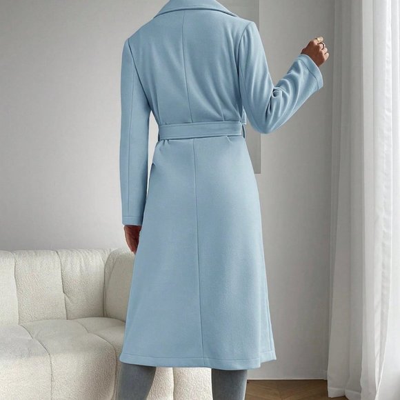 Baby Blue Preppy Womens Lapel Neck Dual Pocket Belted Overcoat - Picture 2 of 5